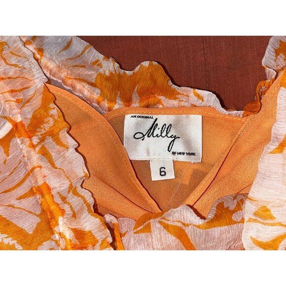 Milly Orange Floral Sheer Ruffle Pullover Tie Neckline Women's Blouse Size 6 - Picture 6 of 9